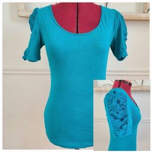 PROMO B2G1 FREE | Teal Puff Lace Sleeve Top - Medium